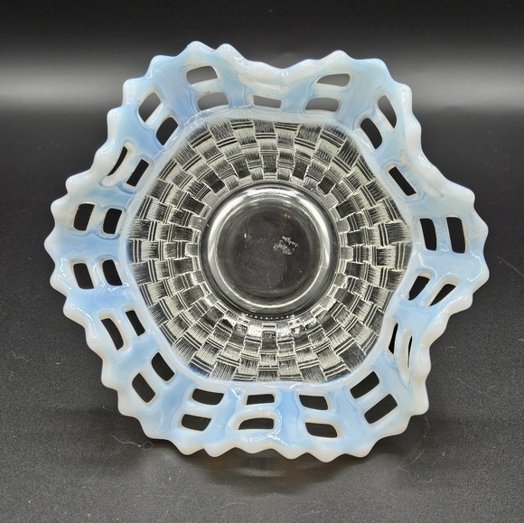 Fenton French Opalescent Clear Glass Basket Weave Open Edge Crimped Bowl - Picture 2 of 5